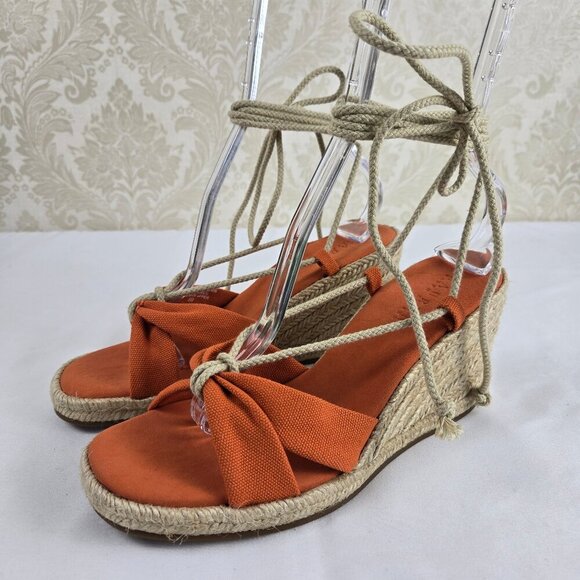 Lauren Ralph Lauren Size 8B Amelie Orange Lace Up Sandals Espadrille Wedge Heels - Picture 1 of 13